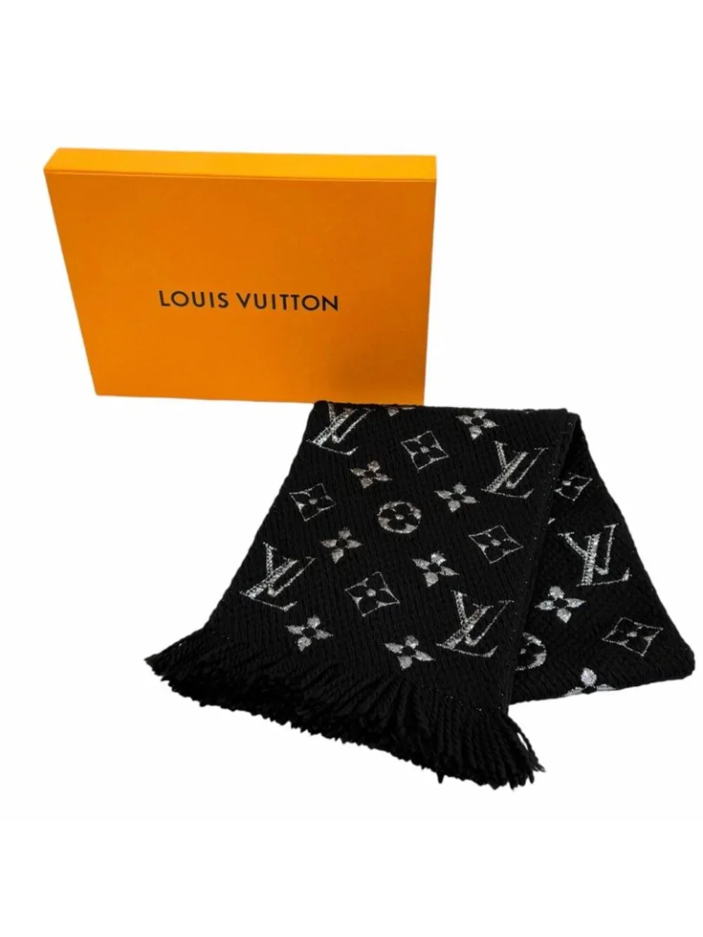 Louis Vuitton Logomania Scarf Shine Wool Silk Blend Black Silver